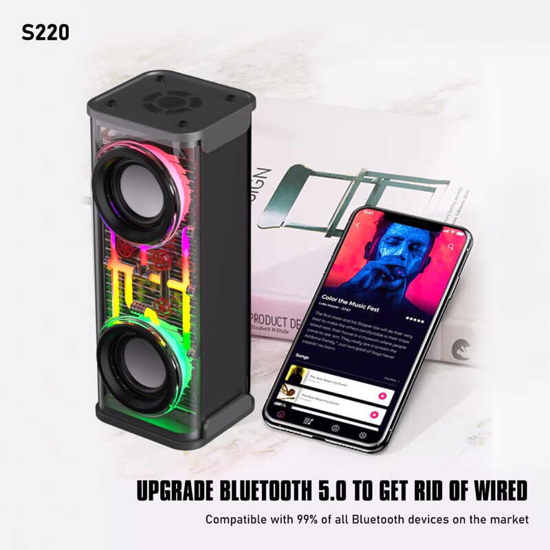 Speaker Bluetooth RGB Transparan Lenyes S220 Suara Mantap Super Bass