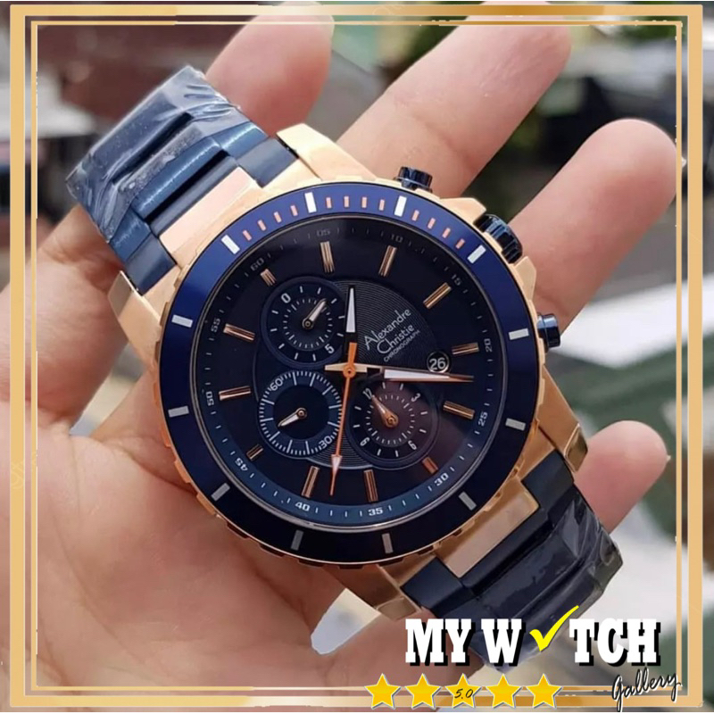 Jam Tangan Alexandre Christie AC 6141 MC Dark Blue Rosegold Pria Original Diameter 4,4 cm