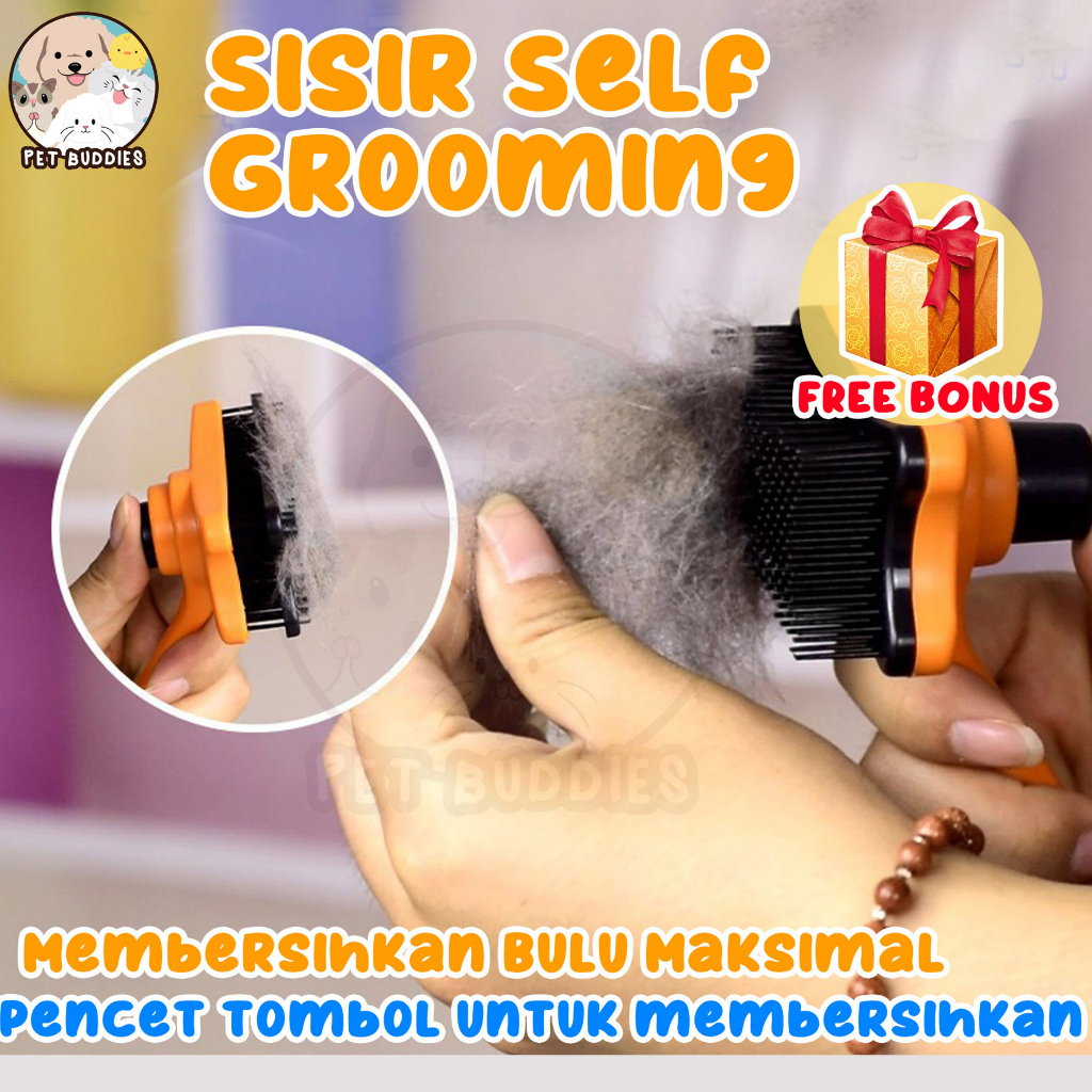 Sisir SELF Grooming Brush Tombol Anjing/Kucing Self Quick Cleaning Tekan Tombol