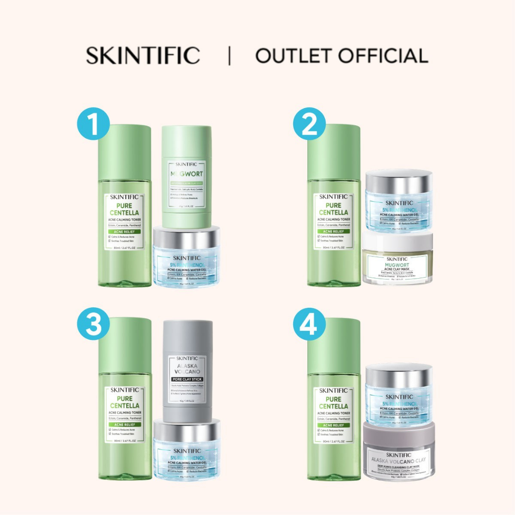 【NEW 3PCS】SKINTIFIC Centella Asiatica Face Toner 3pcs Acne set 5% Panthenol Acne Calming Water Gel + Mugwort Acne Clay Stick + Alaska Volcano Pore Detox Clay Stick+ Acne Calming Toner