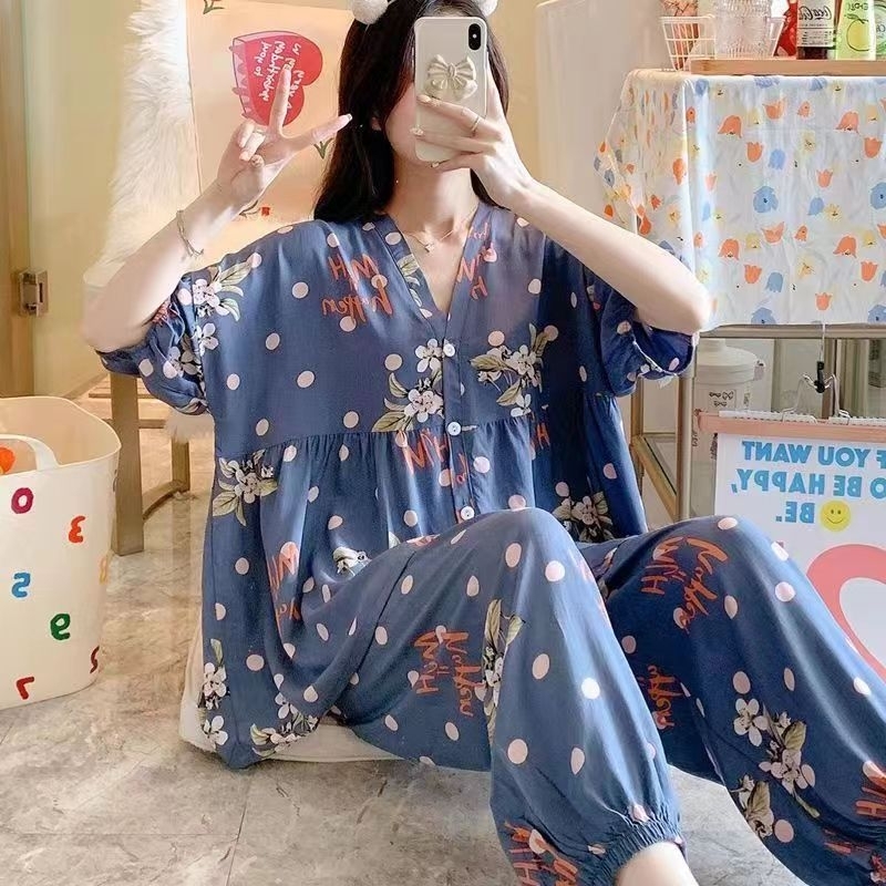 Rulif Baju tidur Piyama Jumbo Wanita Import Bahan Katun Premium Street Full kancing V neck Lengan Pendek Celana Panjang Karet