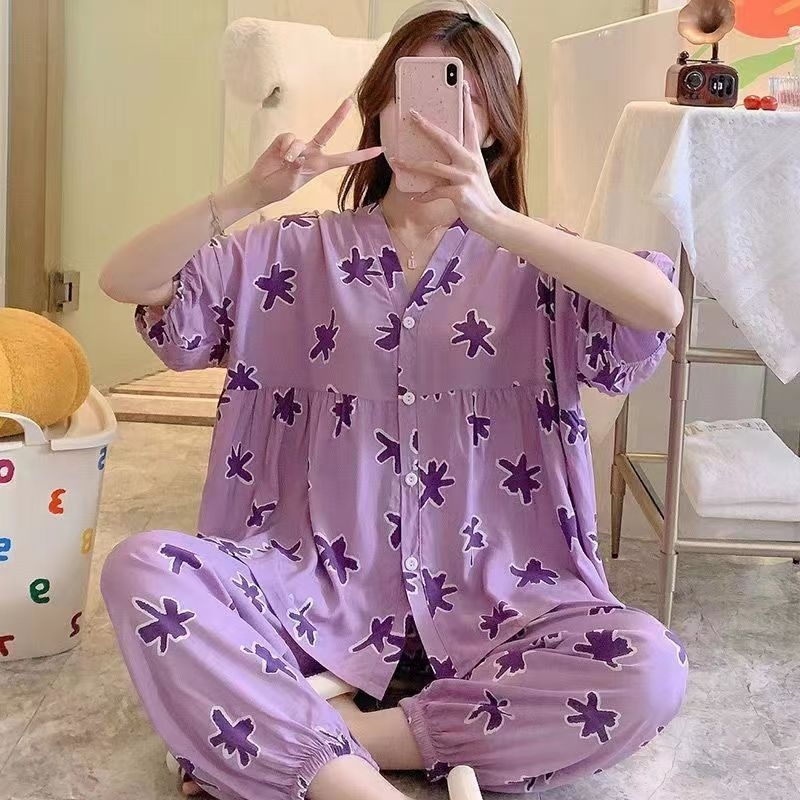 Rulif Baju tidur Piyama Jumbo Wanita Import Bahan Katun Premium Street Full kancing V neck Lengan Pendek Celana Panjang Karet