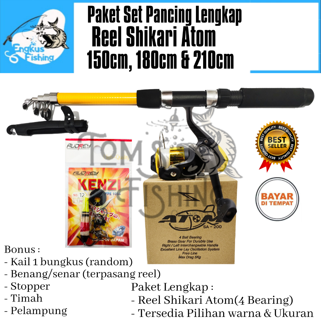 Set Paket Pancing Lengkap Reel Shikari Atom &amp; Joran 1,5M (Bonus Kail dll) 4 Bearing Murah - Engkus Fishing