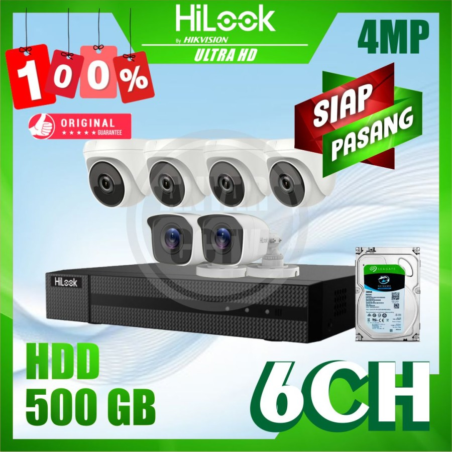 Paket CCTV HiLook by Hikvision 5MP 6 Kamera HDD 500GB Siap Pasang