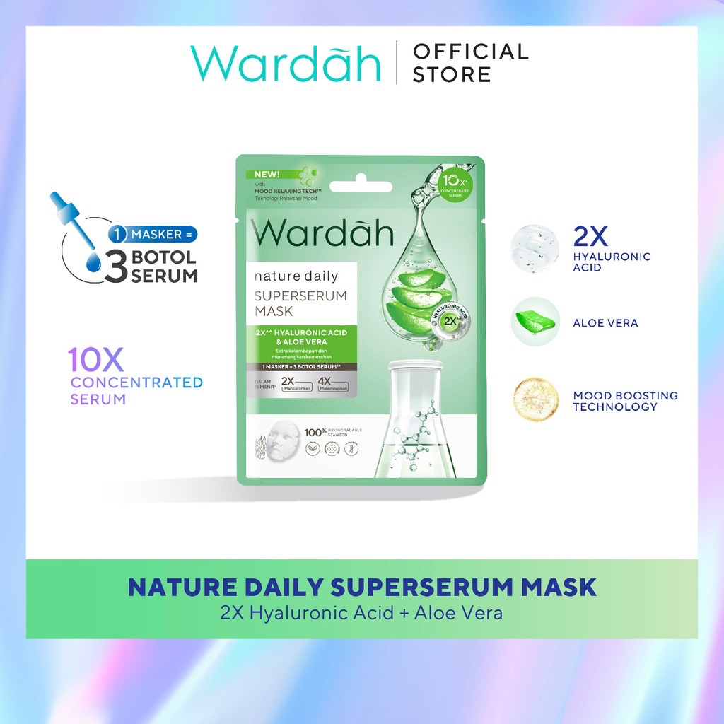 WARDAH Nature Daily Superserum Mask Indonesia / Masker Wajah 20ml / 2X Hyaluronic Acid &amp; Aloe Vera / Extra Kelembapan Dan Menenangkan Kemerahan / Moisturizing Hydrating Mencerahkan Melembabkan Kulit Muka / Skincare Face Care Series / Facial Essence Sheet