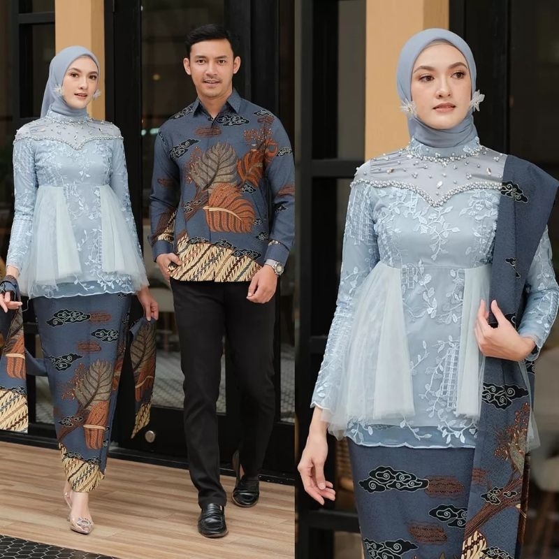 Terbaru || Set Alyana Ice Blue || Set Kebaya Batik Couple BATIK EXPRESS - Kebaya Couple Brokat Modern Alyana Ice Blue Kebaya Wisuda dan Kondangan Kebaya Couple Batik Prima Lengan Panjang Set Wanita Modern