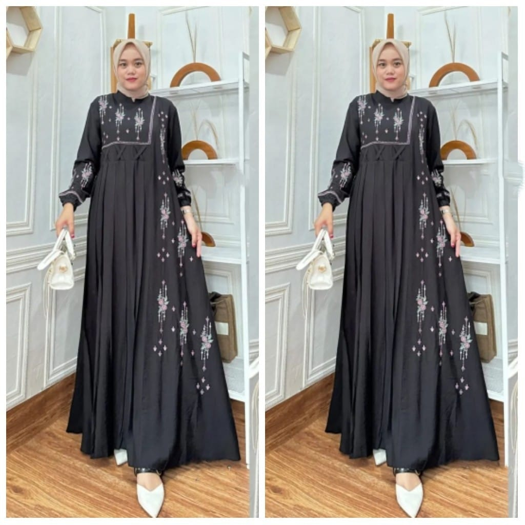 Baju Gamis Wanita Dewasa Karina Maxy Aplikasi Bordir Bahan Polo Linen Premium LD 110Cm Fit To XL Jumbo / Fashion Muslim Wanita Ziper Belakang Terbaru