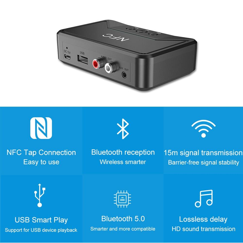 BT200 NFC Bluetooth 5.0 Penerima Audio Nirkabel Adaptor Audio Stereo 3.5Mm Suara Musik AUX RCA untuk Speaker Mobil