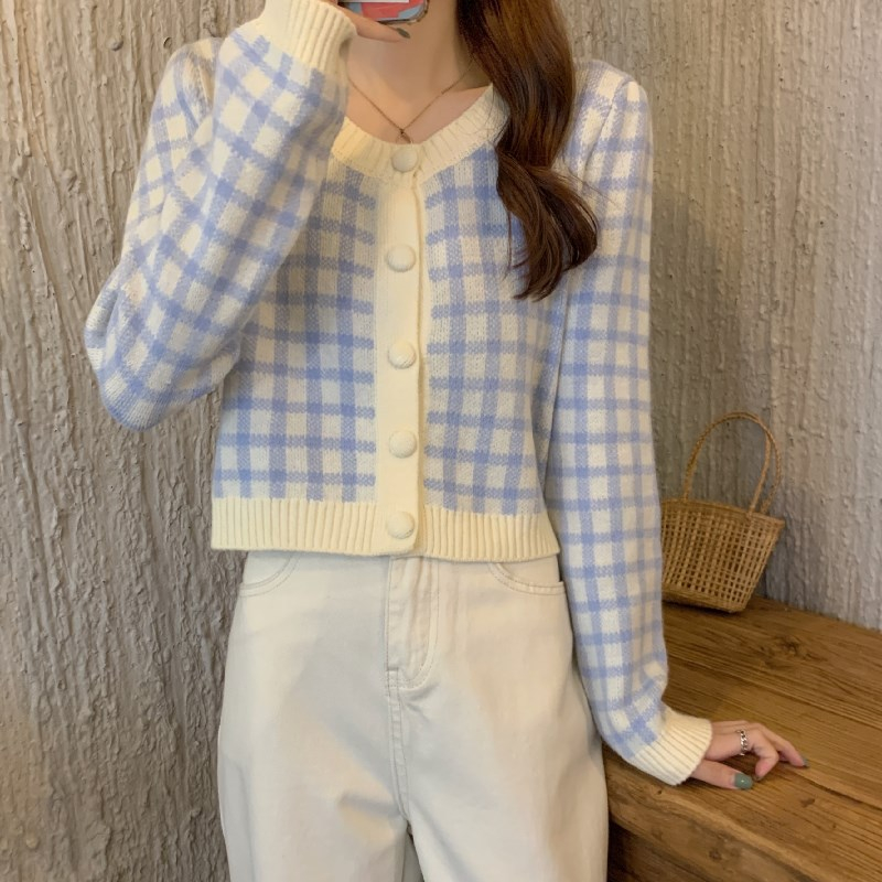 【 Bra Mall 】BJ-079 Cardigan Long Sleeve Knit Pakaian Wanita Cardigan Motif Kotak-Kotak