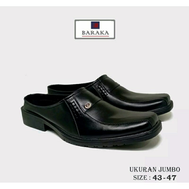 MK-D01 Sepatu Sendal Kulit BIG Size 43-44-45-46-47-48 Slop pantofel Pria Kerja Kantoran Pesta Kaki JUMBO Besar Hitam, 44