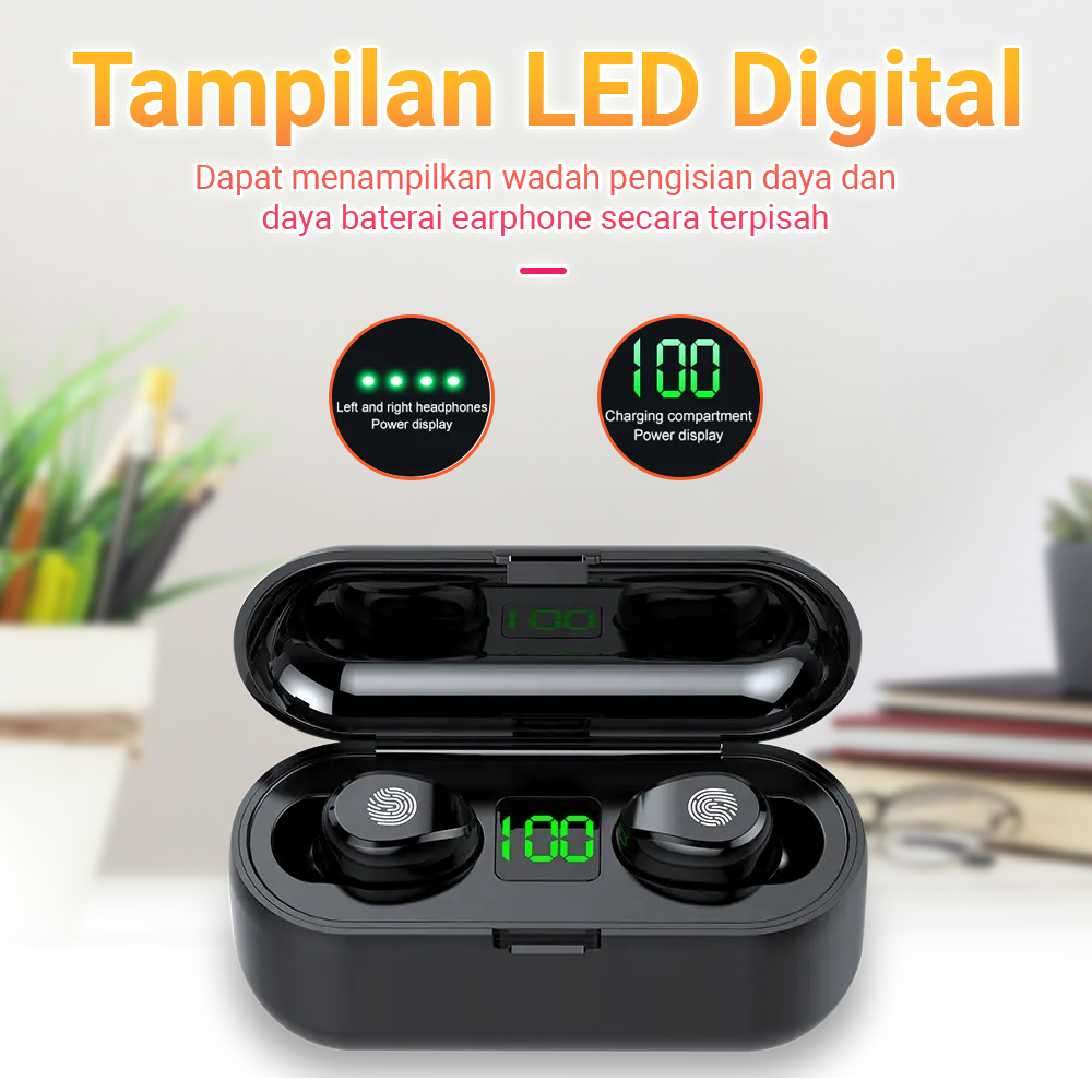 Headset F9 TWS Wireless Earphone Earbuds Bluetooth 5.1 Dengan Mikrofon HIFI Stereo 9D