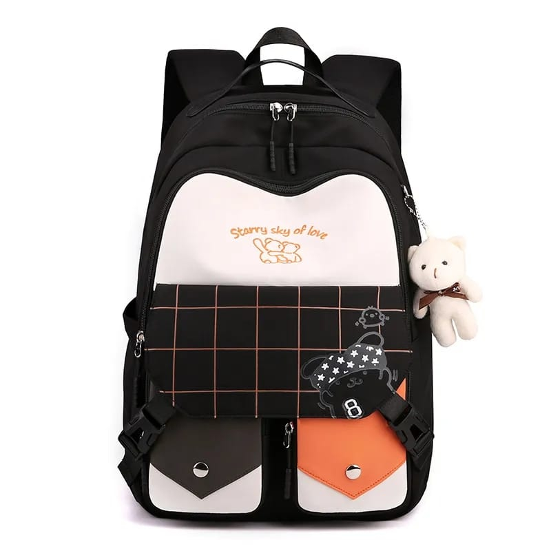 PTM-NEW tas sekolah anak perempuan motif kotak2 bear-backpack fashion style korea-ransel anak sekolah SD SMP SMA