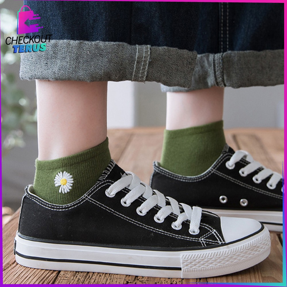 CT P57 Kaos Kaki Motif Daisy Wanita Flower Socks Kaos Kaki Pendek Semata Kaki Bunga Polos Wanita Ankle Sock Women