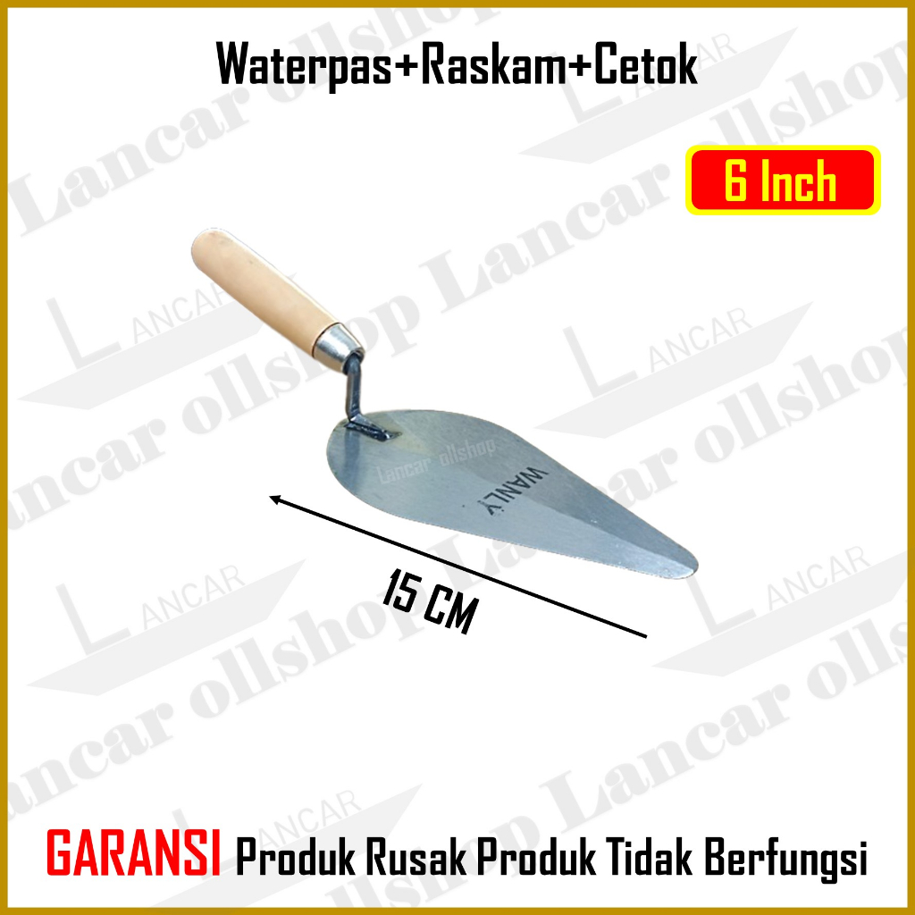 PAKET! Cetok Semen Gagang Kayu Lancip 6 inch Sendok Semen + Waterpass + Raskam