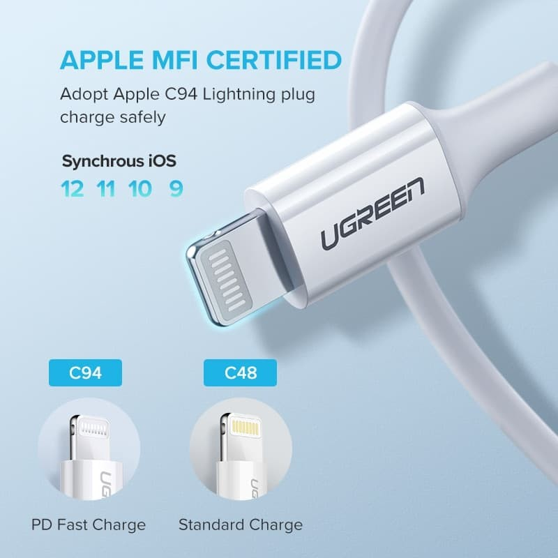 UGREEN Kabel Data 10493 Type C to Lightning TPE 20W 3A PD Power Delivery Fast Charging MFI Made For Iphone 11 12 13 Pro Max Promax 20 Watt Charger Casan