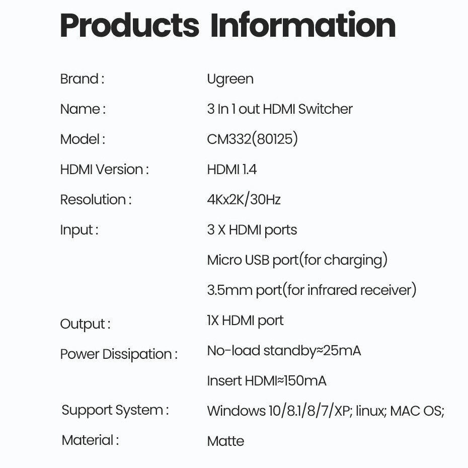 UGREEN ORIGINAL HDMI Switcher 3 in 1 Out 4K 3D with Remote Switch Adapter Splitter Split Ori