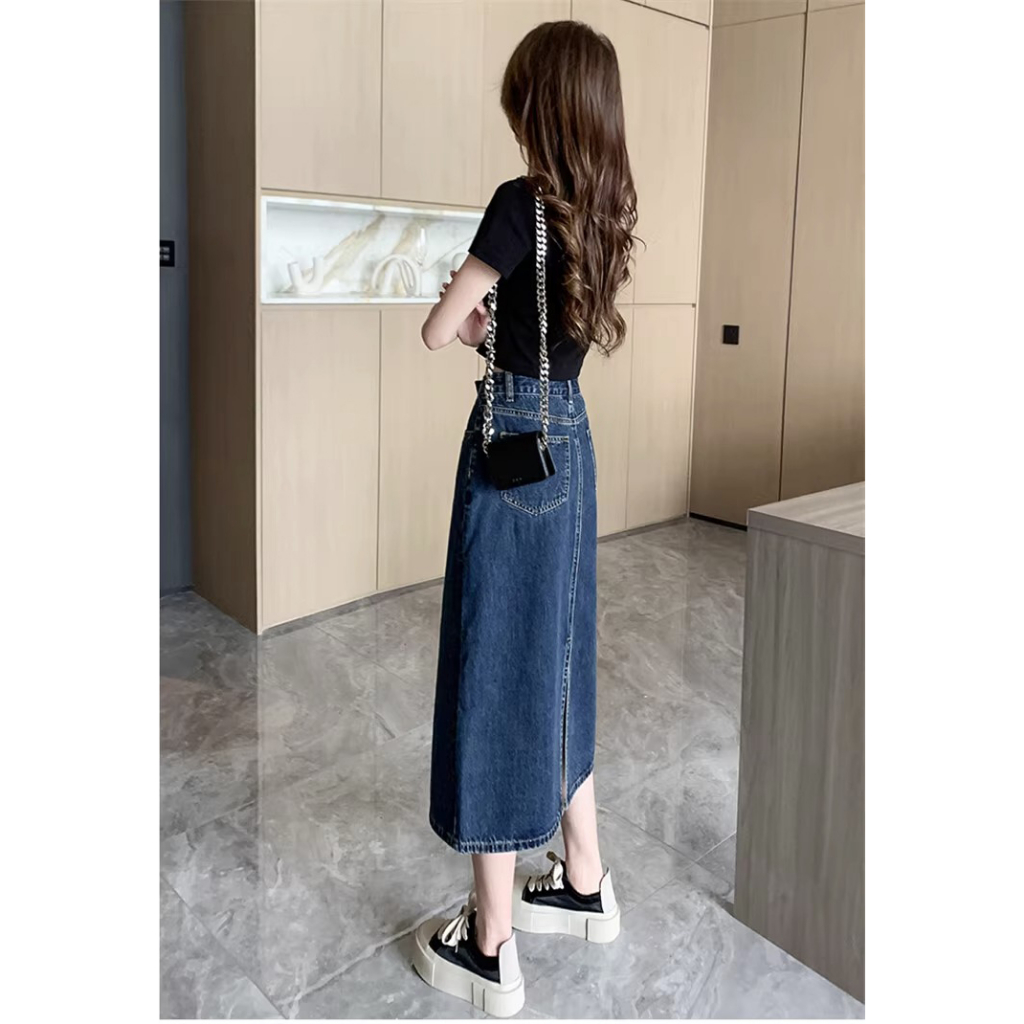 Biru laut Highwaist lucuuk gadis Rok Denim A-Line Fashion Serbaguna Rok Midi