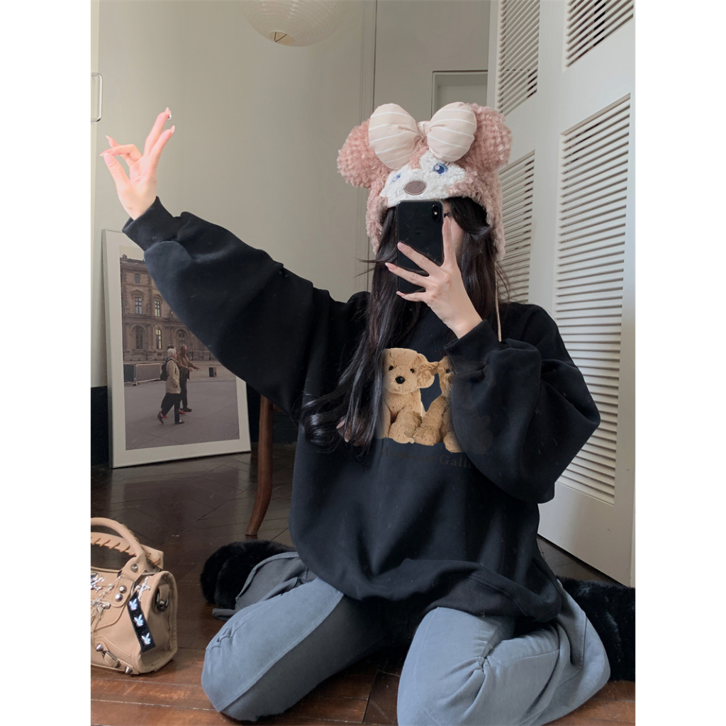 EUNII Sweater Lengan Panjang Cartoon Monseur Plush Dog Printing Korean Style/Sweater Crop/Baju Wanita/Switer Wanita/Switer