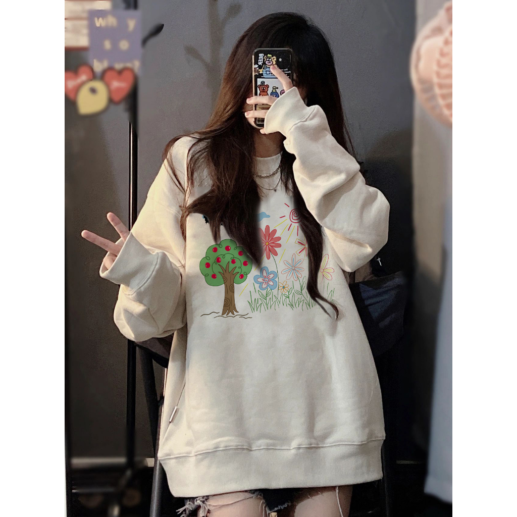 EUNII Sweater Lengan Panjang Cartoon Drawing Printing Korean Style/Sweater Crop/Baju Wanita/Switer Wanita/Switer