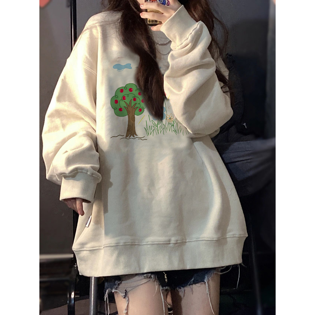 EUNII Sweater Lengan Panjang Cartoon Drawing Printing Korean Style/Sweater Crop/Baju Wanita/Switer Wanita/Switer