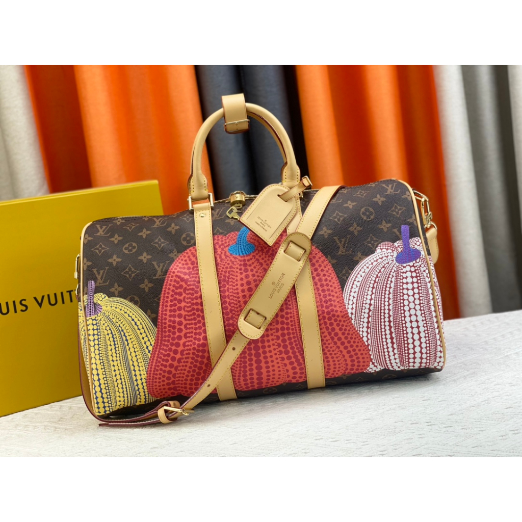 New Louis Vuitton Lvpumpkin silk screen travel bag series LV x YK KEEPALL 45 travel bag women's bag 