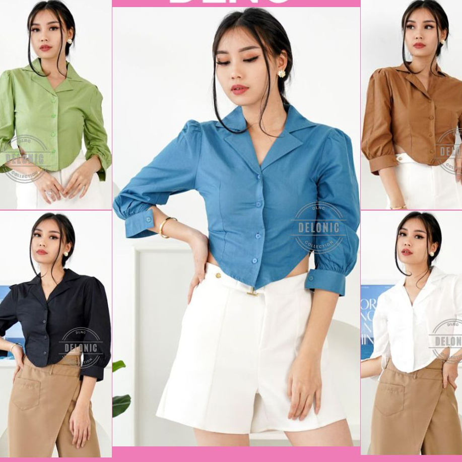 Priscilla Kemeja Crop Top Puff Cotton Gangnam - Atasan Baju V-Neck Top Blouse Vneck Shirt Katun Fashion Wanita Outfit Hangout Kekinian