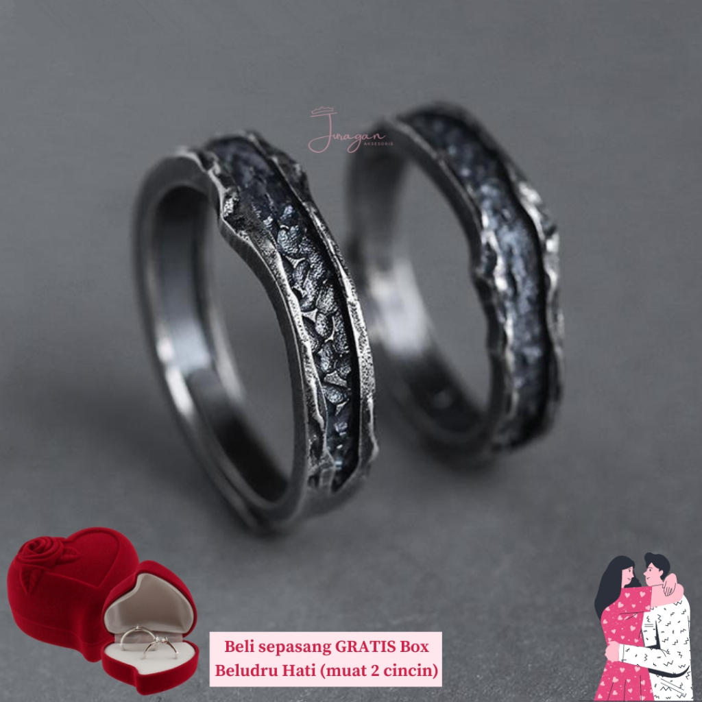 [UKIR NAMA] Cincin Couple Black Rock Adjustable S25 Ailoviu Original Perak Untuk Pasangan Hadiah Valentine Kado Gift