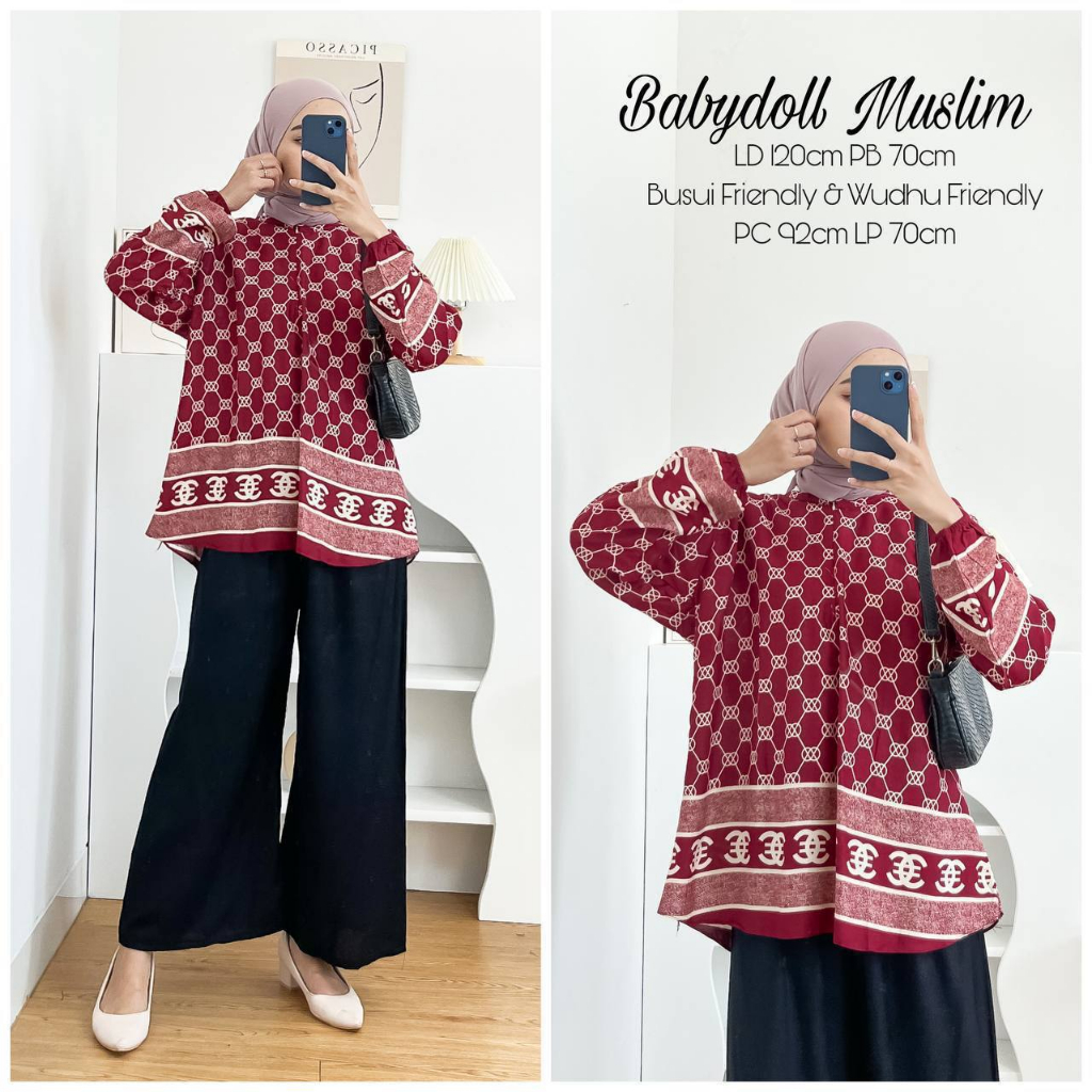 One Set Babydoll Kulot Muslim JUMBO Rayon Viscose Lengan Panjang Busui Friendly Setelan Piyama Babydoll Rayon Viscose Wudhu Friendly