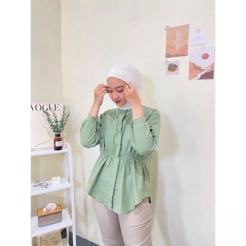 Atasan Kemeja Wanita Oversize Bahan Linen Premium Serut Depaan Karet