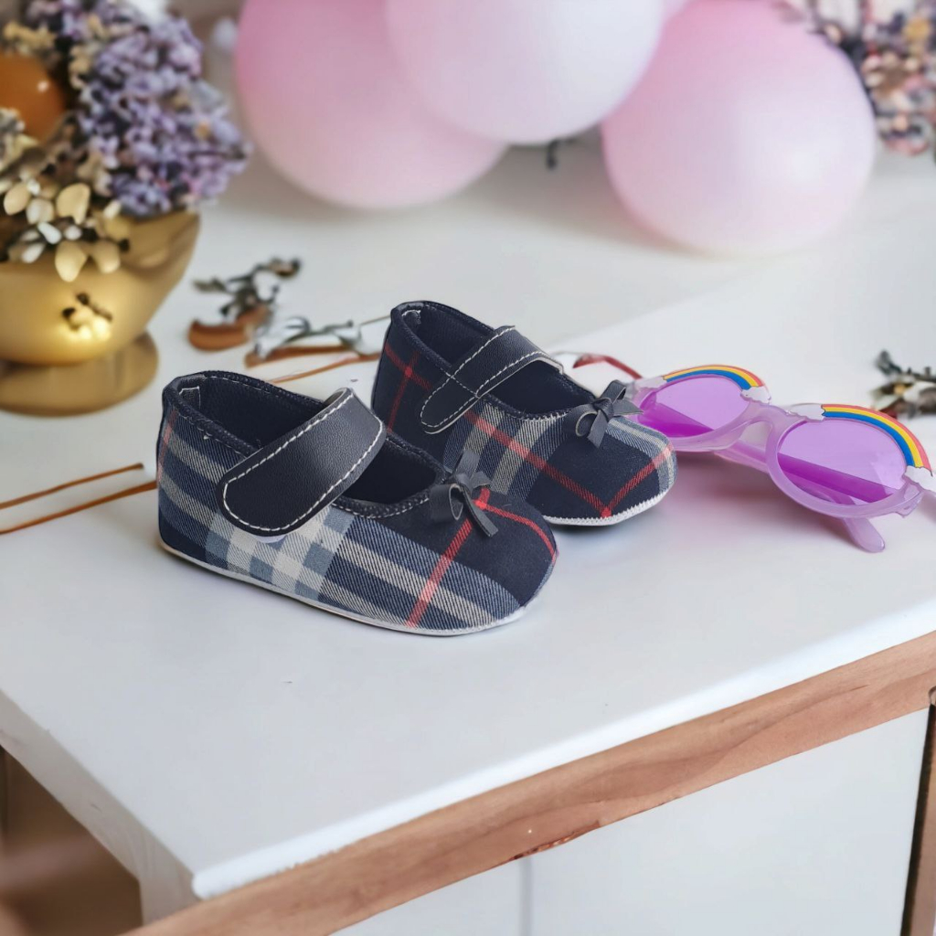 Sepatu Bayi Perempuan 0 12 Bulan Prewalker Balet Pita Kotak Kotak Baby Shoes HITAM