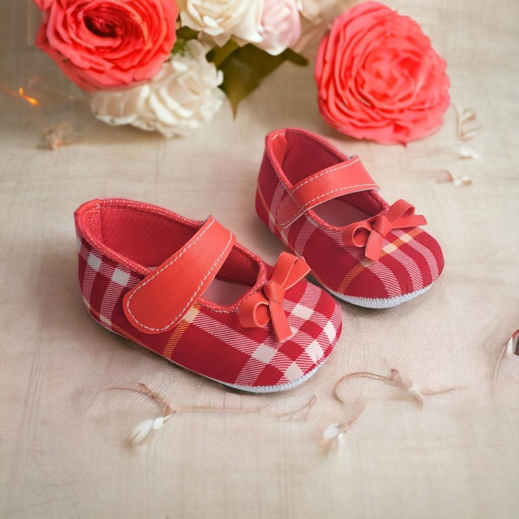 Sepatu Bayi Usia 0 6 Bulan Prewalker Balet Pita Kotak Kotak Baby Shoes Perempuan MERAH