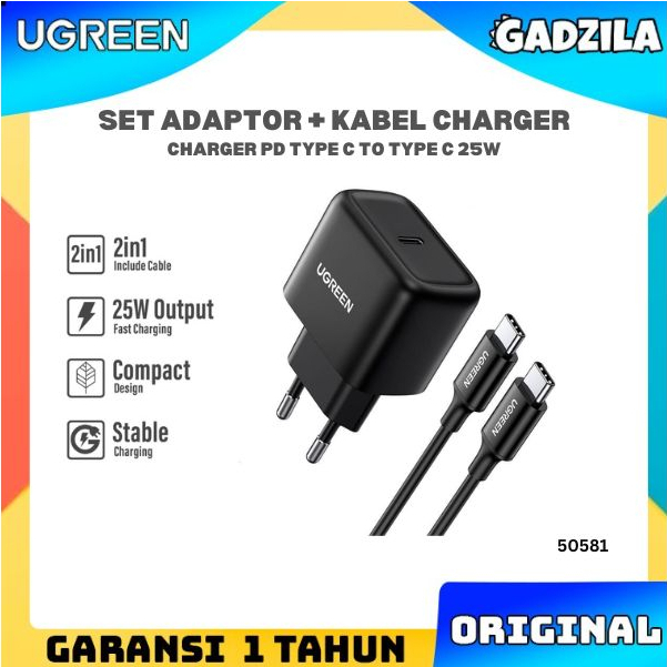 UGREEN Kepala Adaptor Charger MFI 25W Set Kabel Type C To C PD Fast Charging Samsung S20 S21 Plus Ultra Note 20 Z Fold3