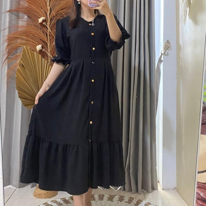 Mahalini Midi Dress Polos Casual Jalan Santai Liburan Manis Kancing Baju Wanita Rempel Flowy Variasi Tangan Balon Bumil Busui Crinkle Airflow Lembut