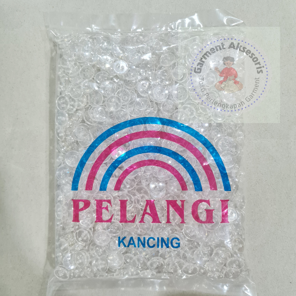 Kancing Kaca Lubang 2 Bening Merk Pelangi Ukuran 18L (1.15cm) Isi 10gross / Kancing Kemeja Bening Tr