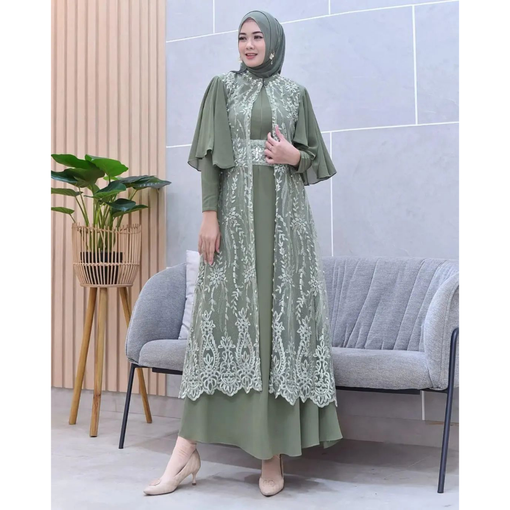 Dress Outer Brukat Pesta Terbaru 2024 Green Sage Gamis Clarisa By Ghina Set Inner + Outer Free Belt