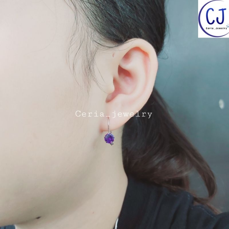 Anting Perak Asli Silver Wanita 925 Lapis Emas Putih Asli Model Desi Permata Ungu - Perak Asli Murni Original