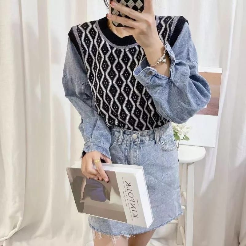 SWEATER JEANS KOMBINASI RAJUT PREMIUM IMPORT/FASHION WANITA QUALITY IMPORT