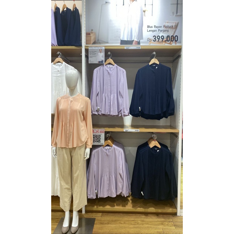Women Blus Rayon Pintuck Lengan Panjang Kemeja Blus Long uniqlo