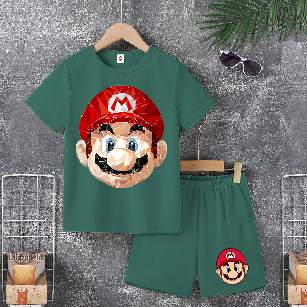 Baju Anak Stelan Usia 4-10 Tahun MARIO BROS Kaos 3/4 Cowok Cewek  Celana Pendek Harian