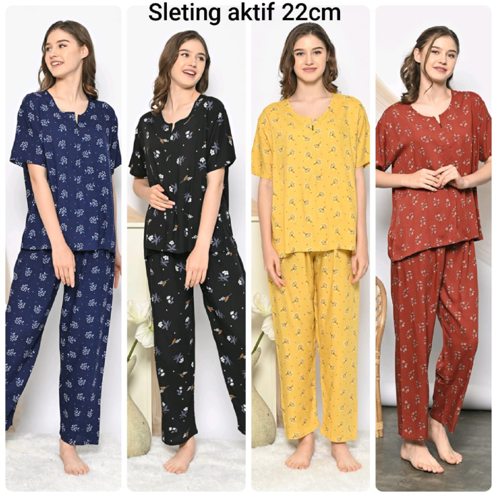 ONE SET PIYAMA RAYON STELAN CELANA PANJANG LENGAN PENDEK SLETING AKTIF