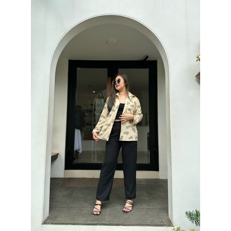 AVE - Biancca set kemeja basic kombinasi celana hitam panjang - setelan crinkle komb