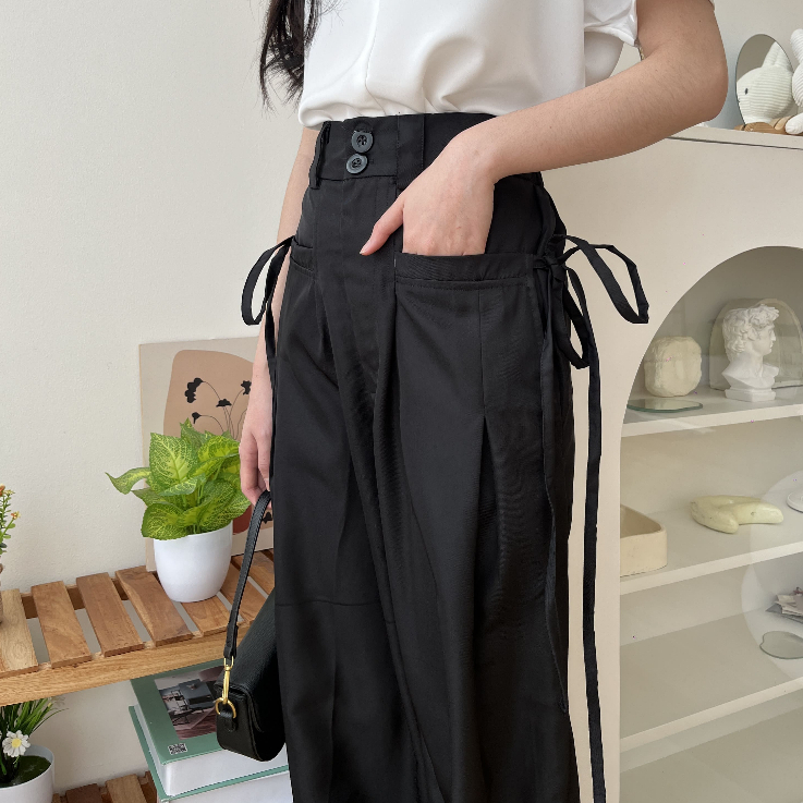 Gioxel Tie Wide Pants - Celana Panjang Wanita - Celana High Waist - Casual Pants - Korean Style