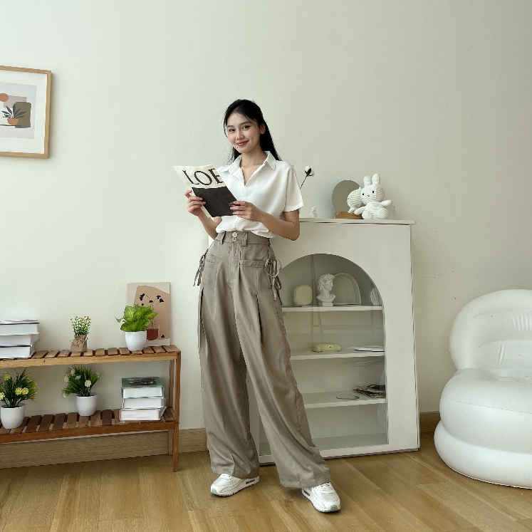 Gioxel Tie Wide Pants - Celana Panjang Wanita - Celana High Waist - Casual Pants - Korean Style