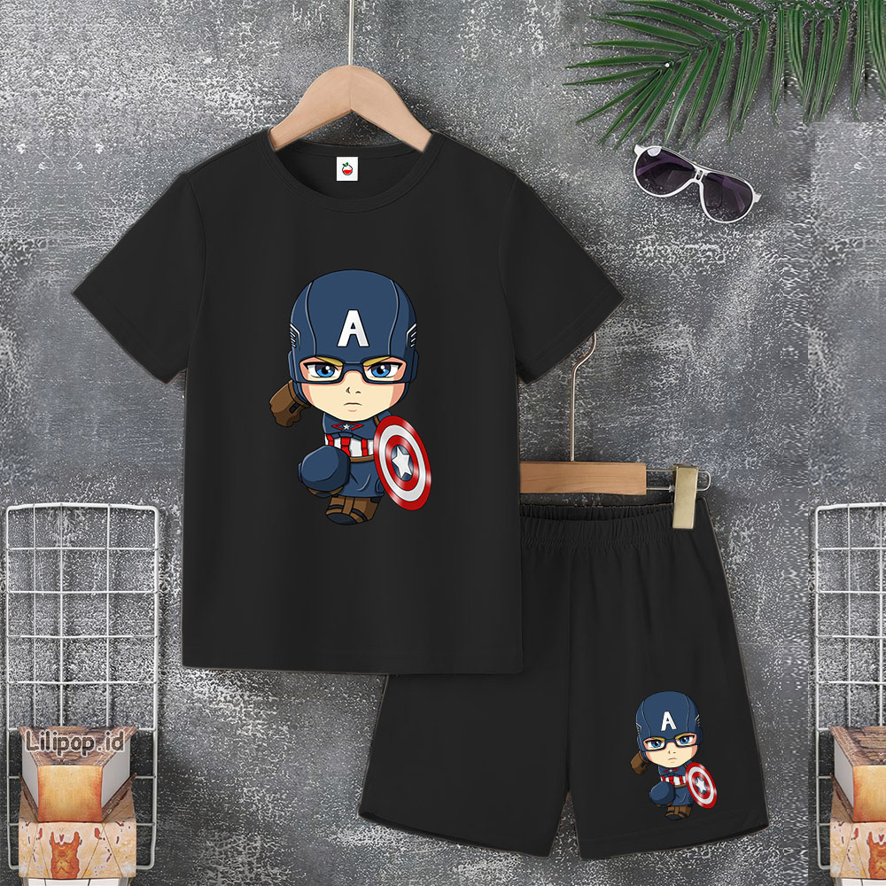 Baju Anak Stelan Usia 5-10 Tahun CAPTAIN AMERIKA Kaos 3/4 Cowok Cewek  Celana Pendek Harian