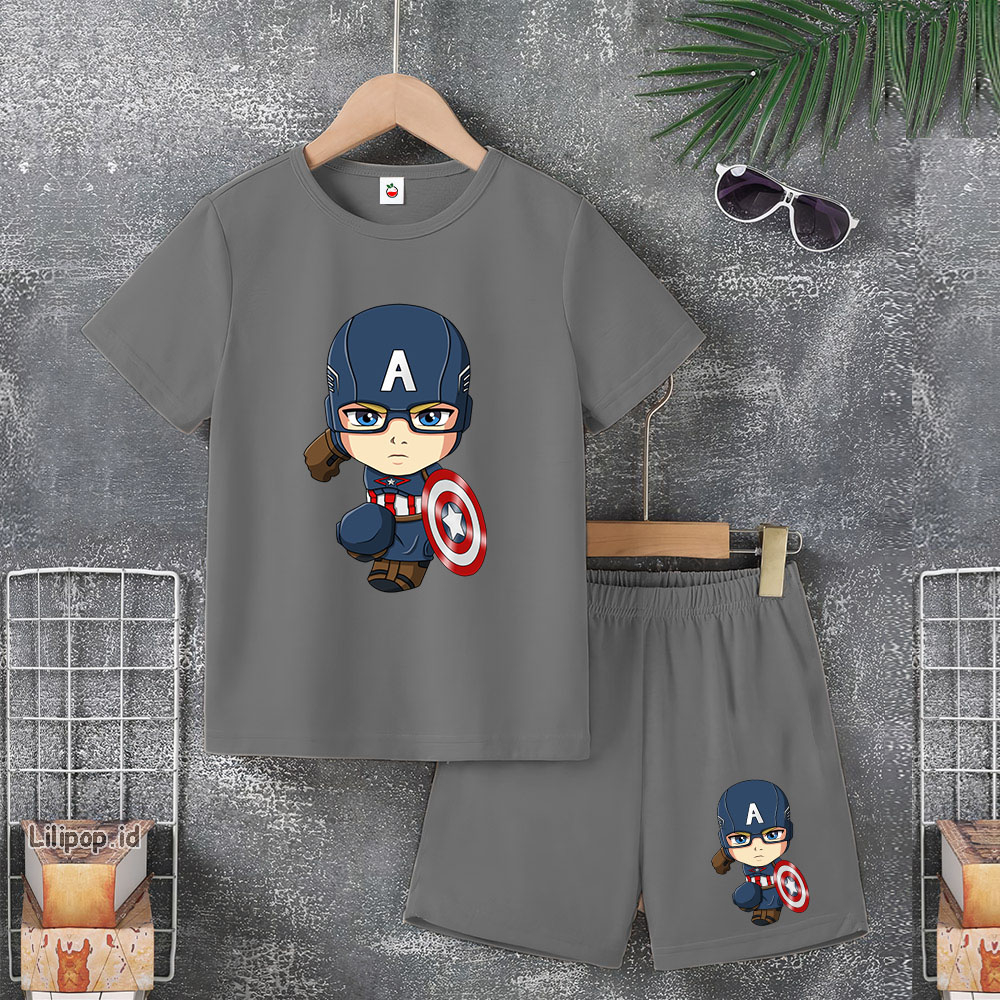 Baju Anak Stelan Usia 5-10 Tahun CAPTAIN AMERIKA Kaos 3/4 Cowok Cewek  Celana Pendek Harian