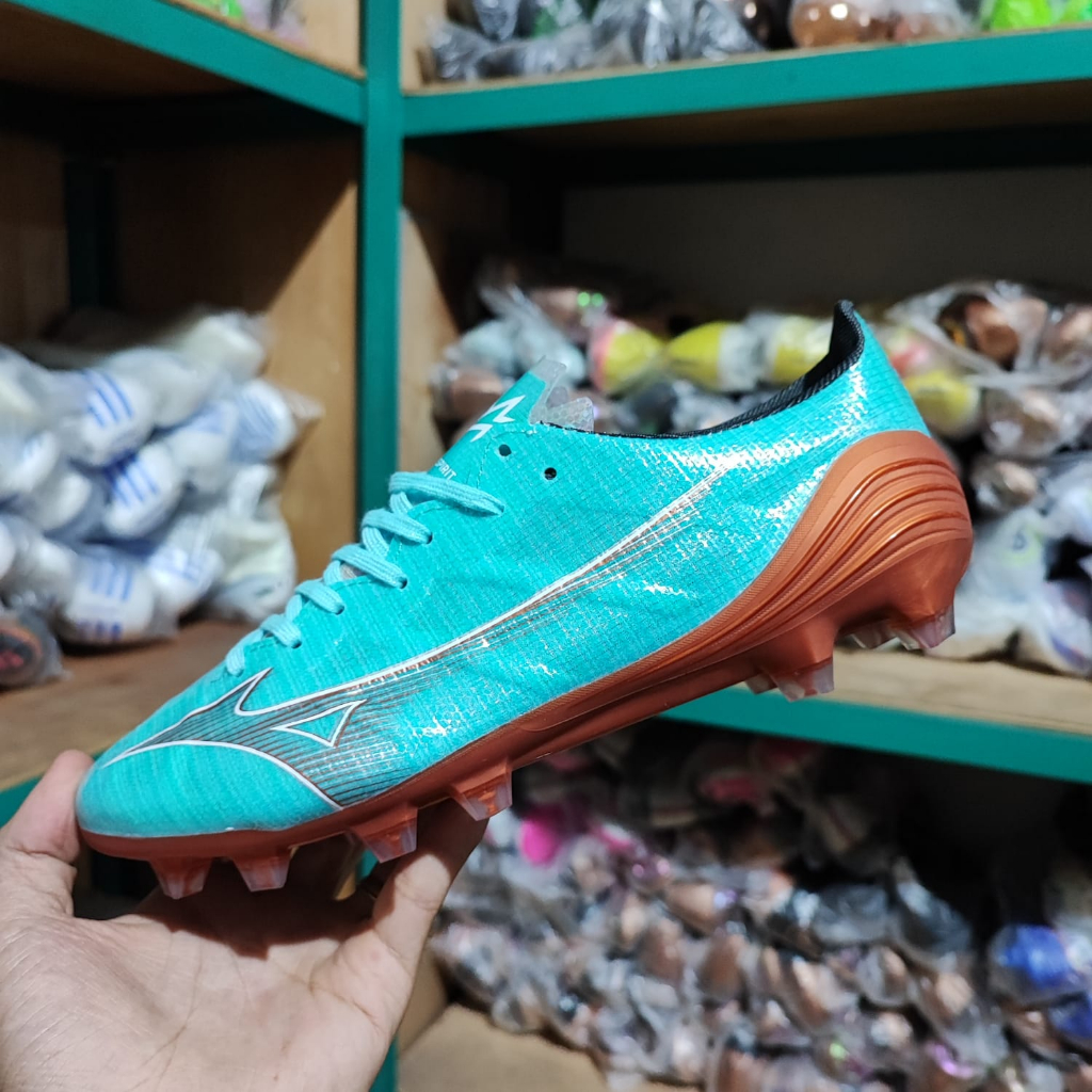 Sepatu Sepak Bola Soccer Mizuno Alpha Made In Japan FG - Blue Curacao Snow White