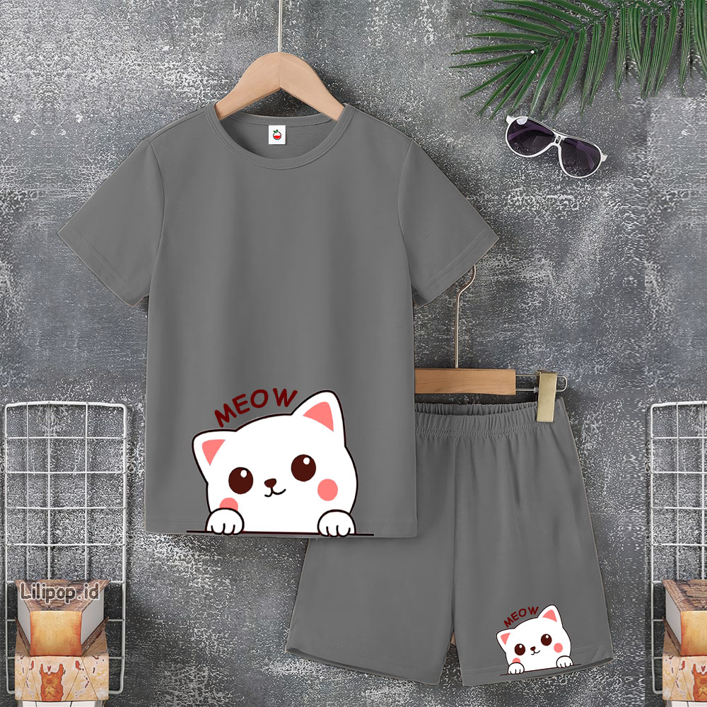 Baju Anak Stelan Usia 4-10 Tahun MEOW CAT Kaos 3/4 Cowok Cewek  Celana Pendek Harian