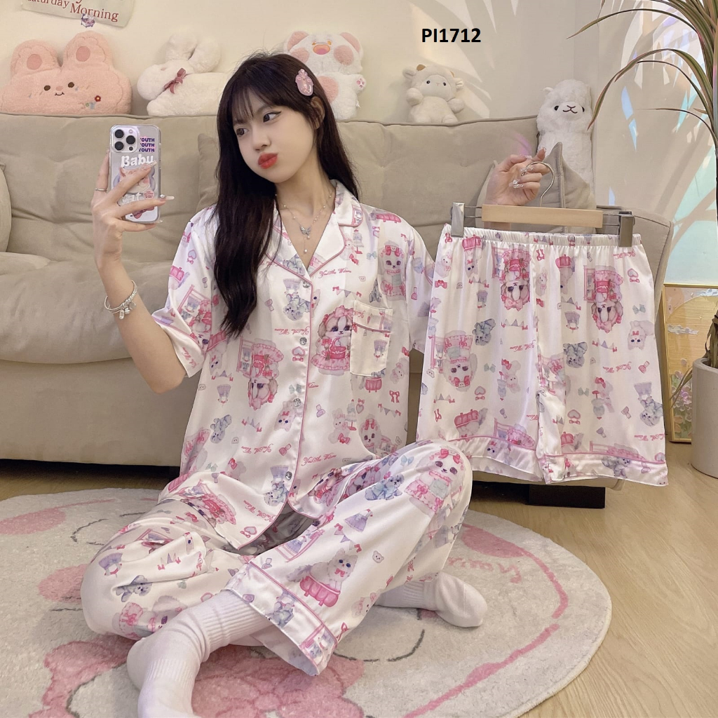 PIYAMA 3IN1 WANITA BAJU TIDUR SUTRA PI1712