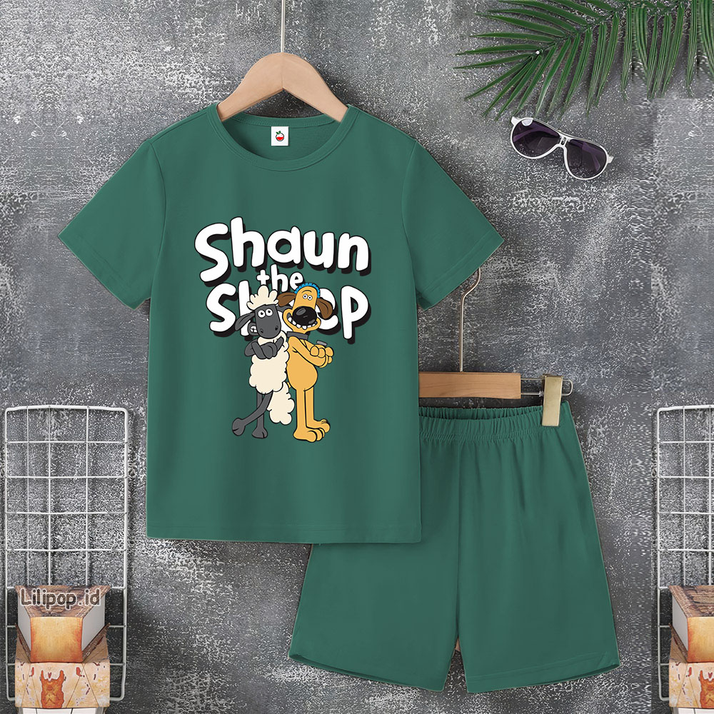 Baju Anak Stelan Usia 5-10 Tahun SHAUN SHEEP Kaos 3/4 Cowok Cewek  Celana Pendek Harian