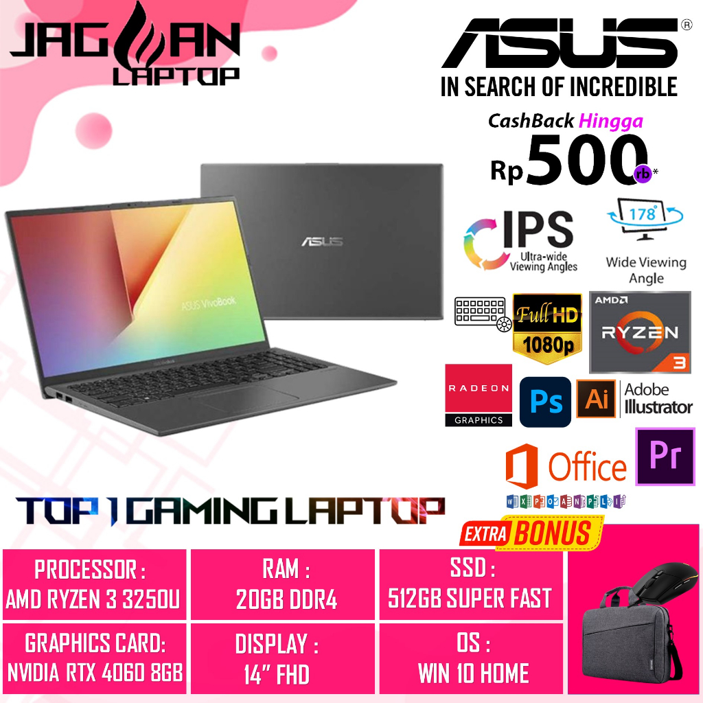 LAPTOP GAMING ASUS VIVOBOOK F412DA AMD RYZEN 3 3250U 20GB 512GB 14&quot; FHD BL FP WIN10HOME TERLARIS NEW